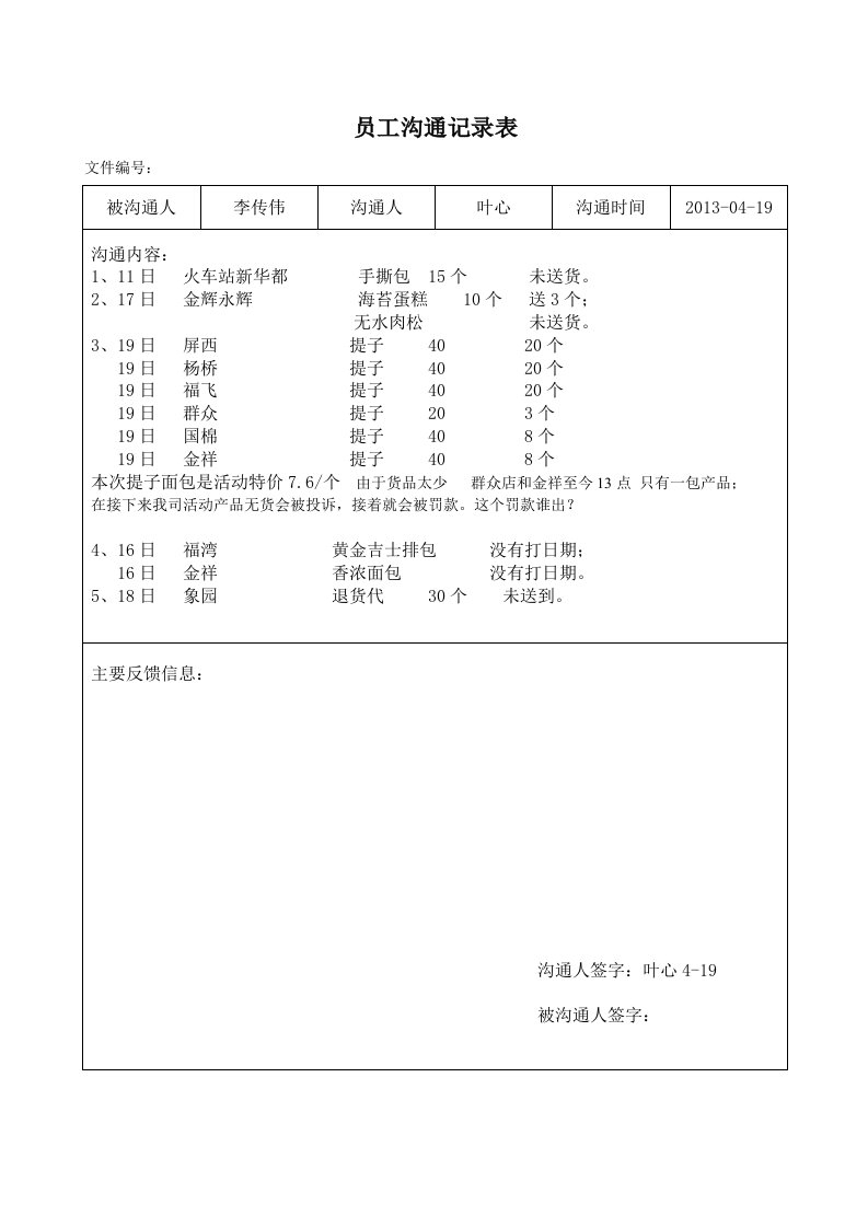 员工沟通记录表模板