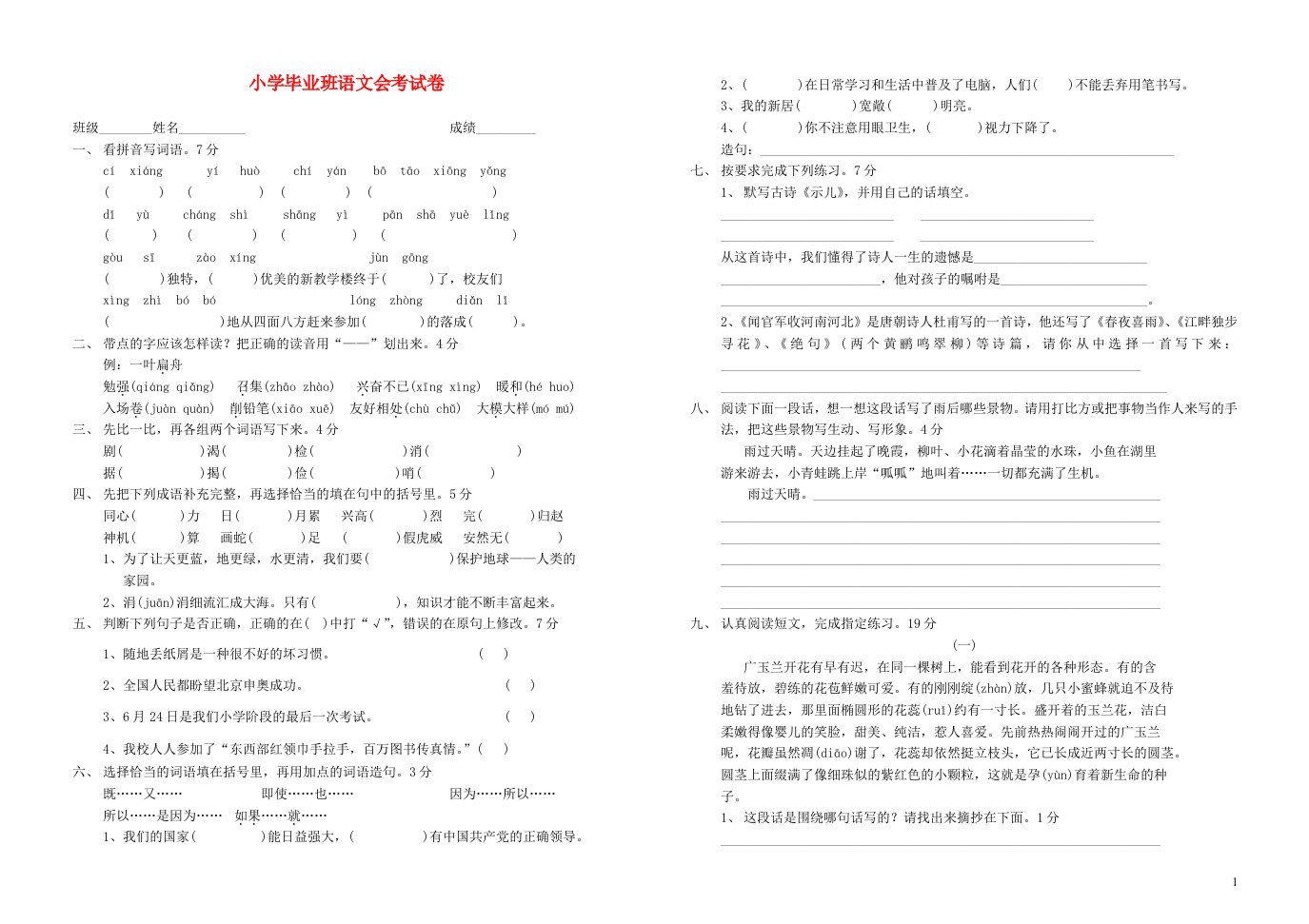 小学语文毕业班会考试卷