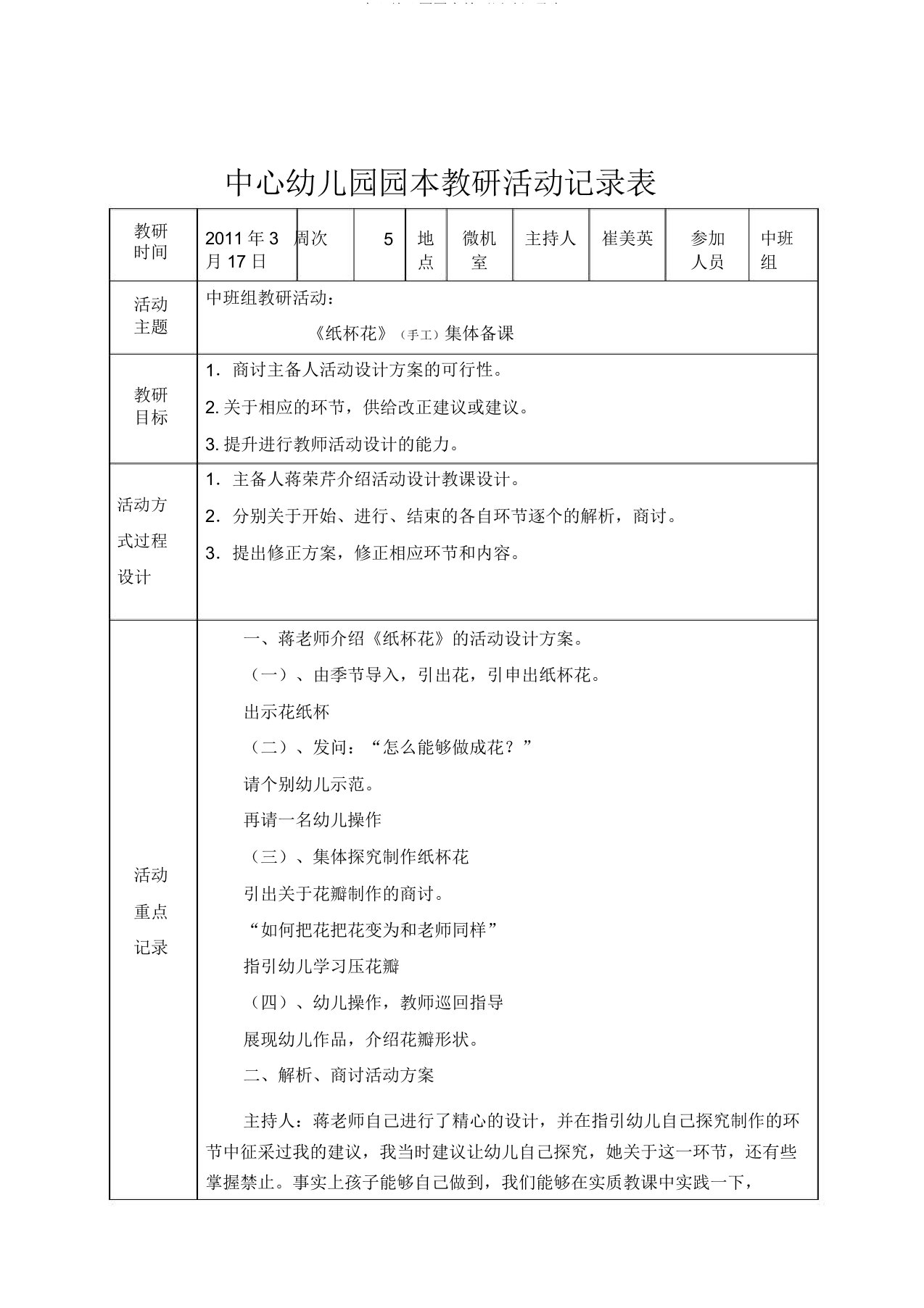 中心幼儿园园本教研活动记录表