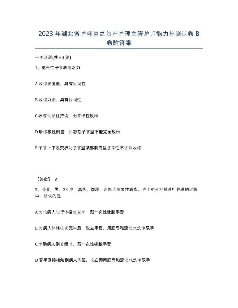 2023年湖北省护师类之妇产护理主管护师能力检测试卷B卷附答案