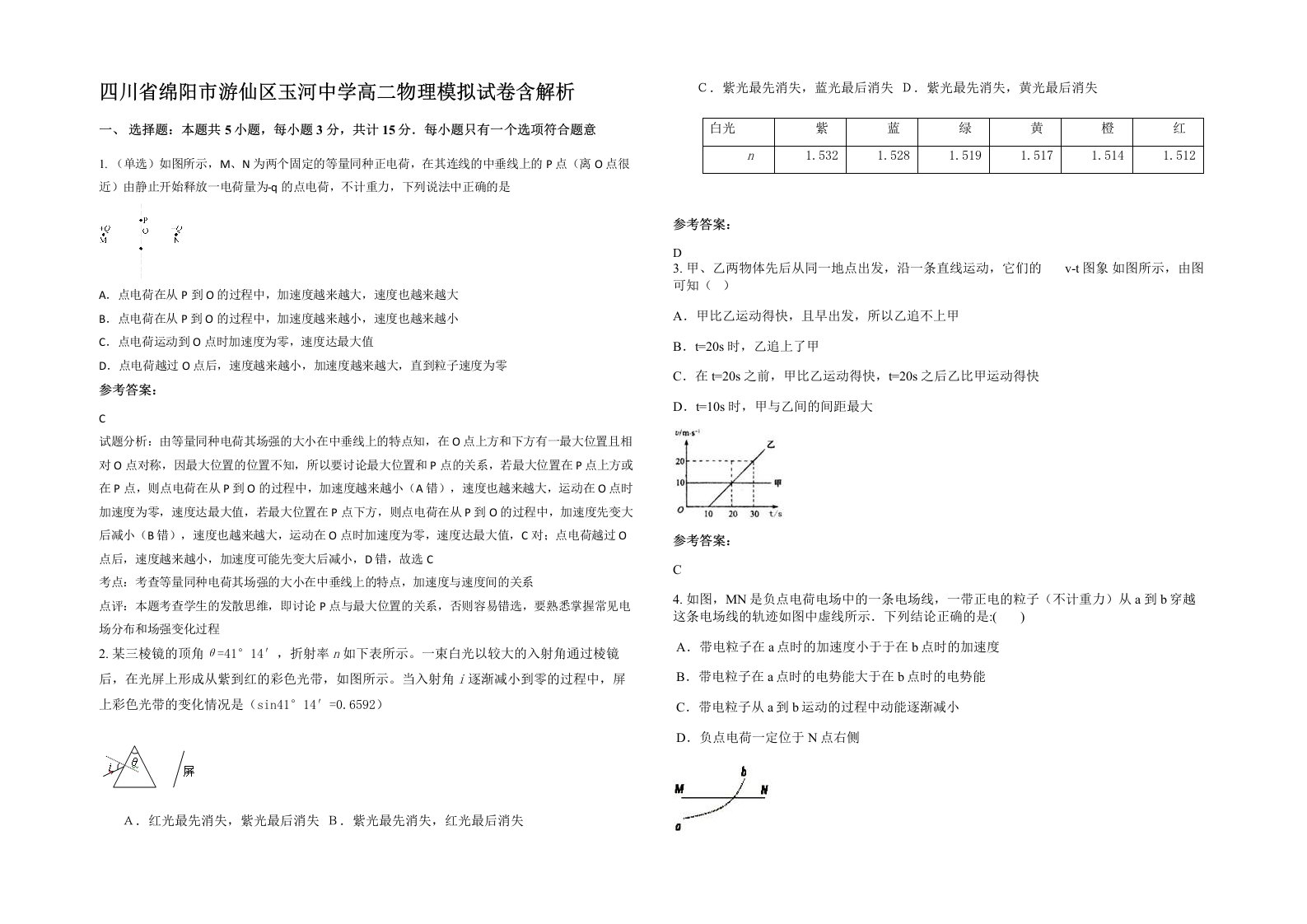 四川省绵阳市游仙区玉河中学高二物理模拟试卷含解析