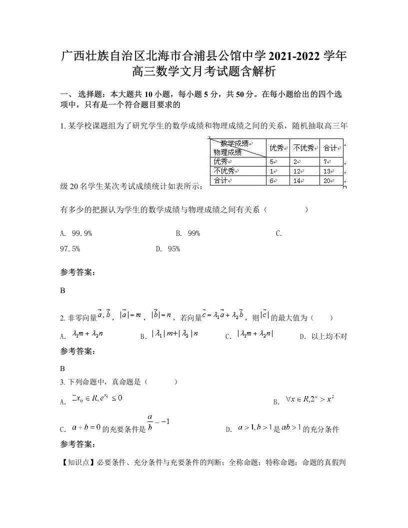 广西壮族自治区北海市合浦县公馆中学2021-2022学年高三数学文月考试题含解析