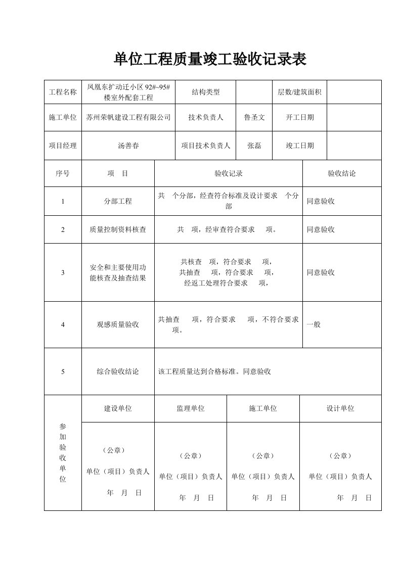 单位(子单位)工程质量竣工验收记录表