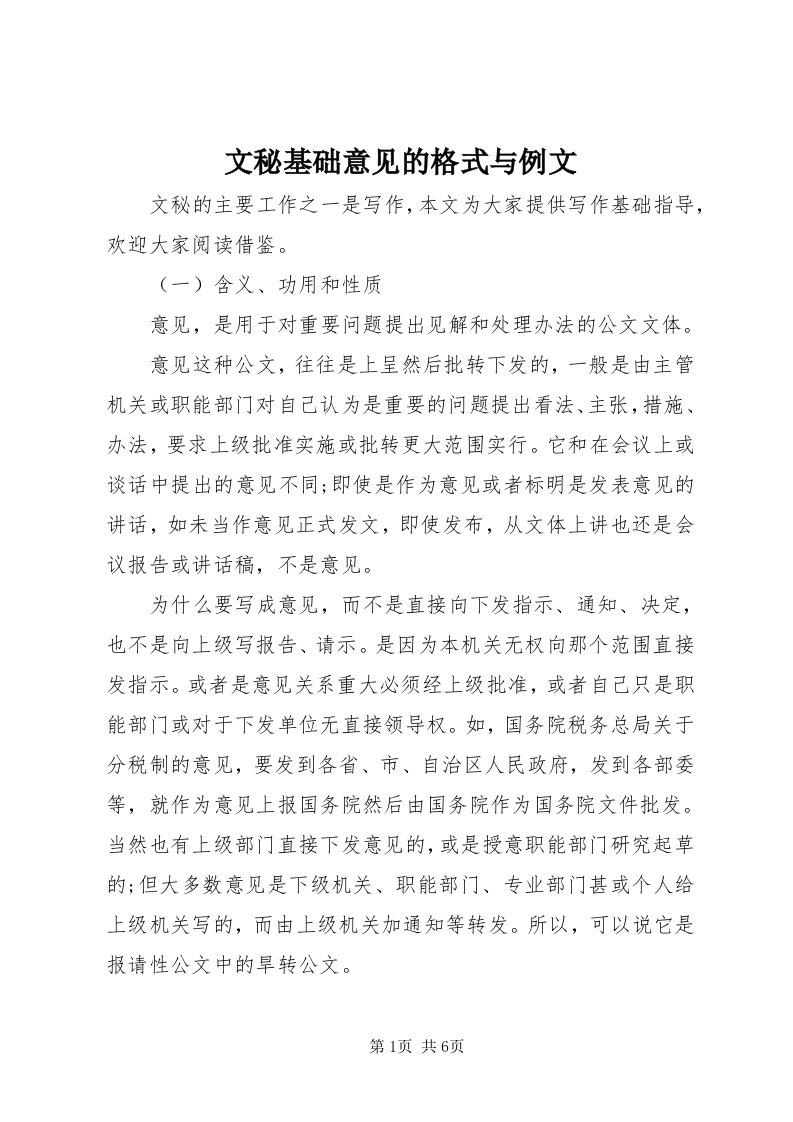 6文秘基础意见的格式与例文