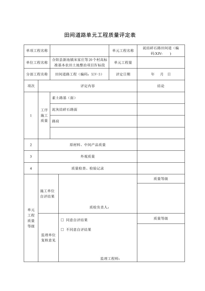 田间道路单元工程质量评定表