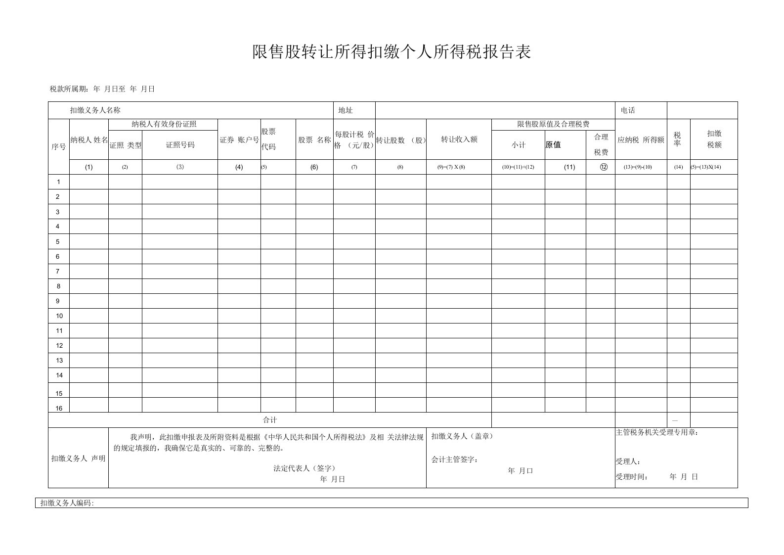 限售股转让所得扣缴个人所得税报告表