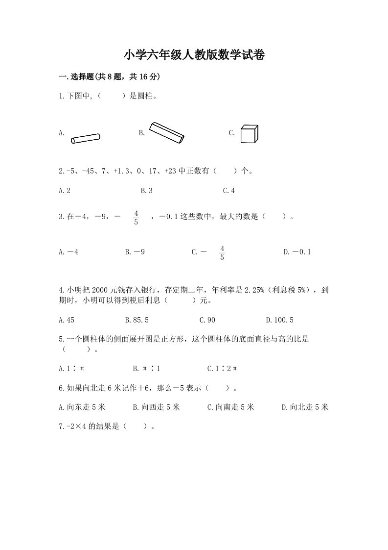 小学六年级人教版数学试卷带答案（达标题）