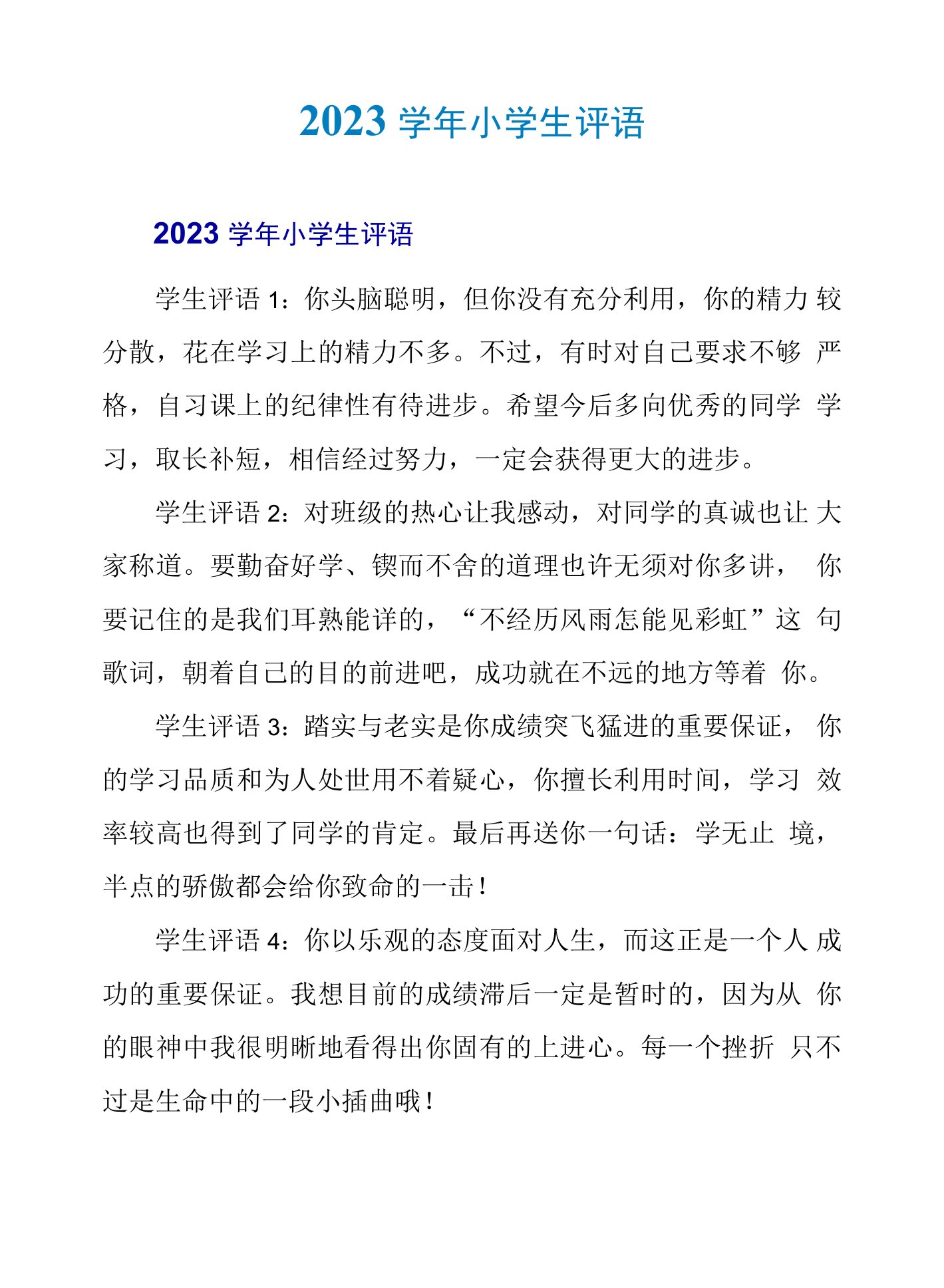 2023学年小学生评语