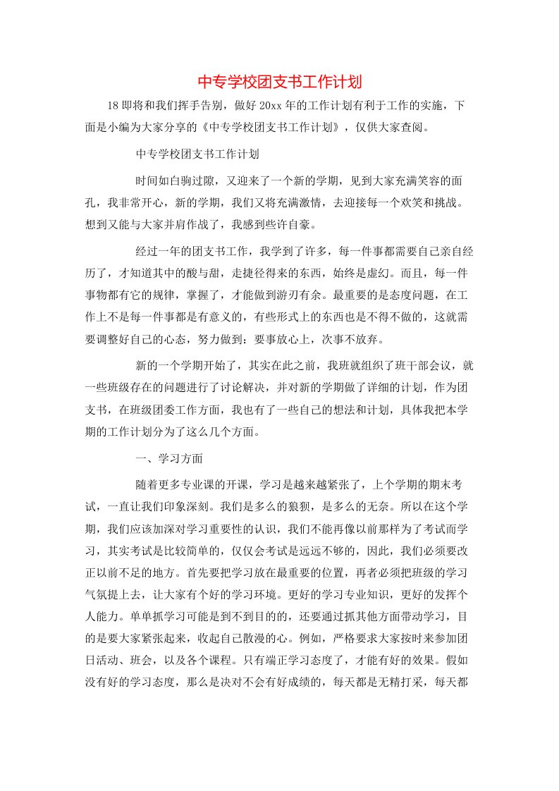 中专学校团支书工作计划