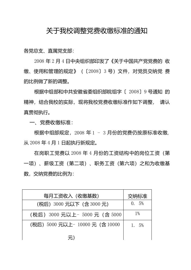 关于我校调整党费收缴标准的通知