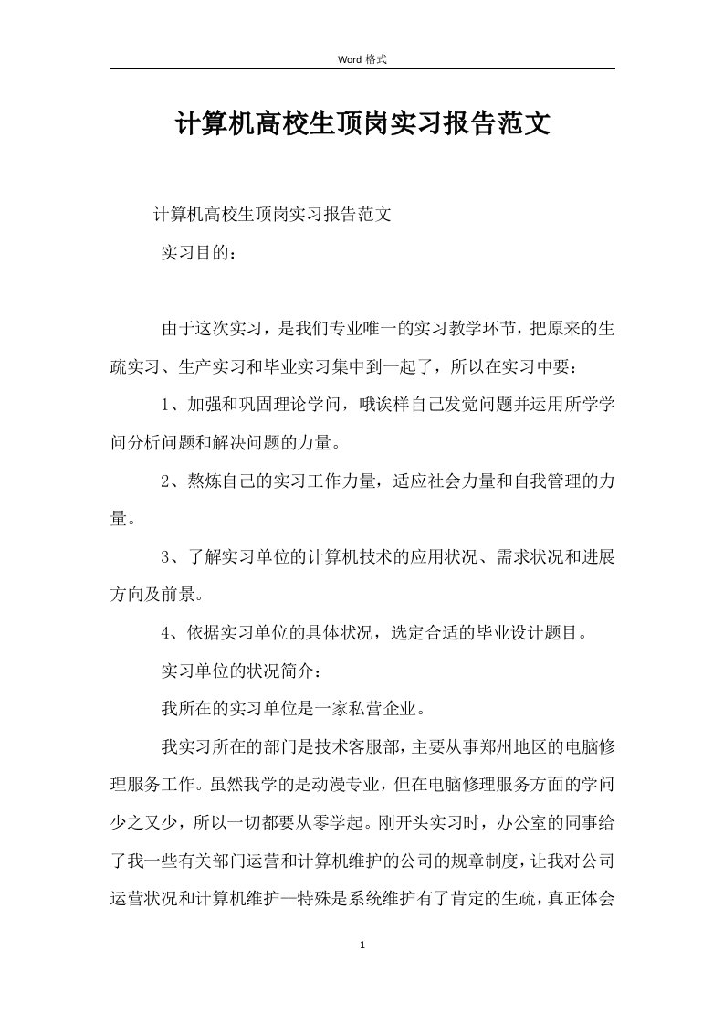 计算机大学生顶岗实习报告范文