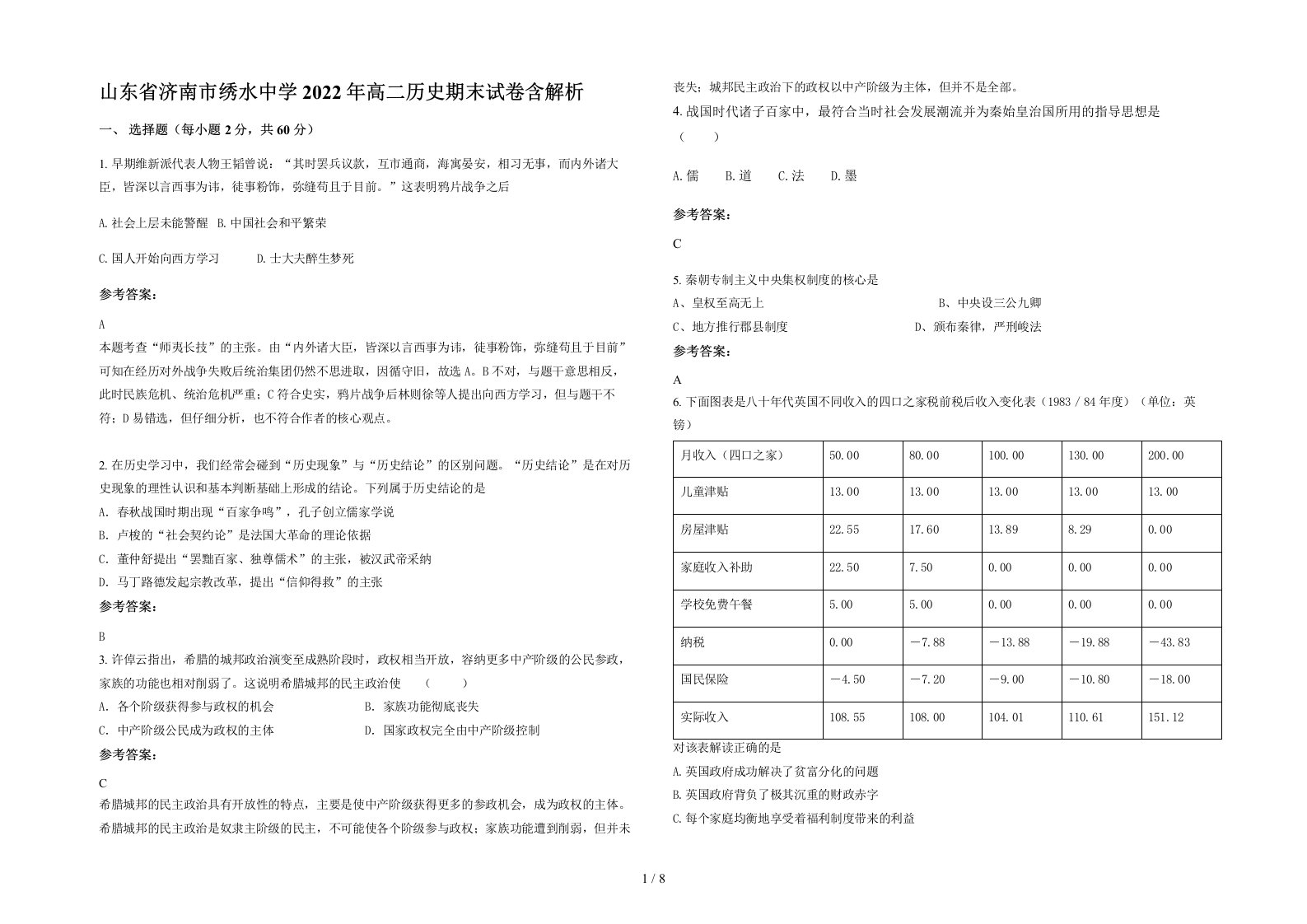 山东省济南市绣水中学2022年高二历史期末试卷含解析