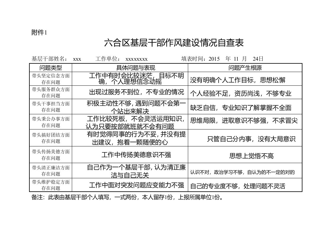 基层干部作风建设情况自查表