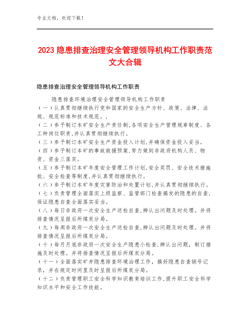 2023隐患排查治理安全管理领导机构工作职责范文大合辑