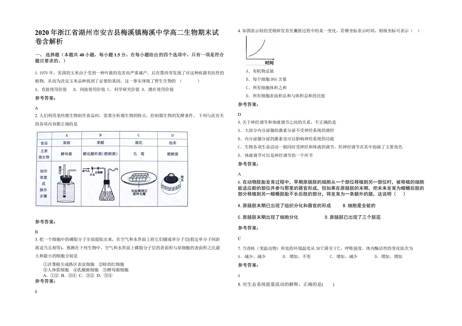 2020年浙江省湖州市安吉县梅溪镇梅溪中学高二生物期末试卷含解析