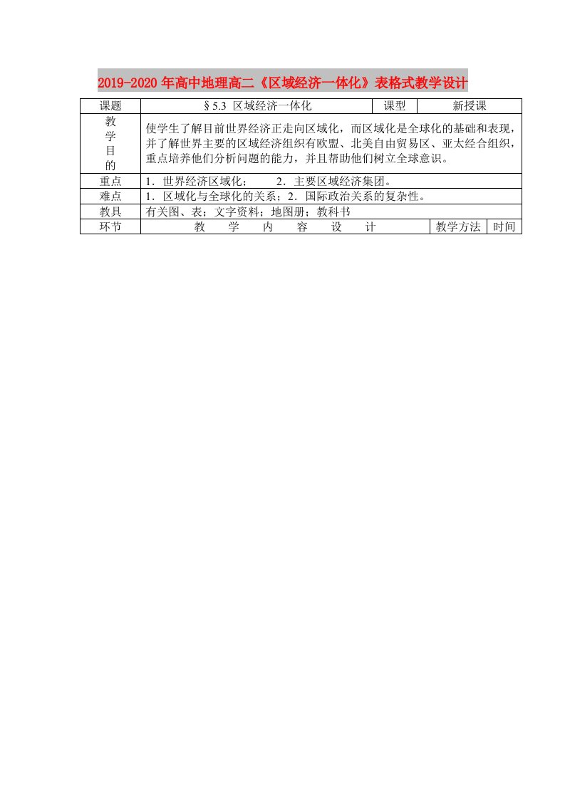 2019-2020年高中地理高二《区域经济一体化》表格式教学设计