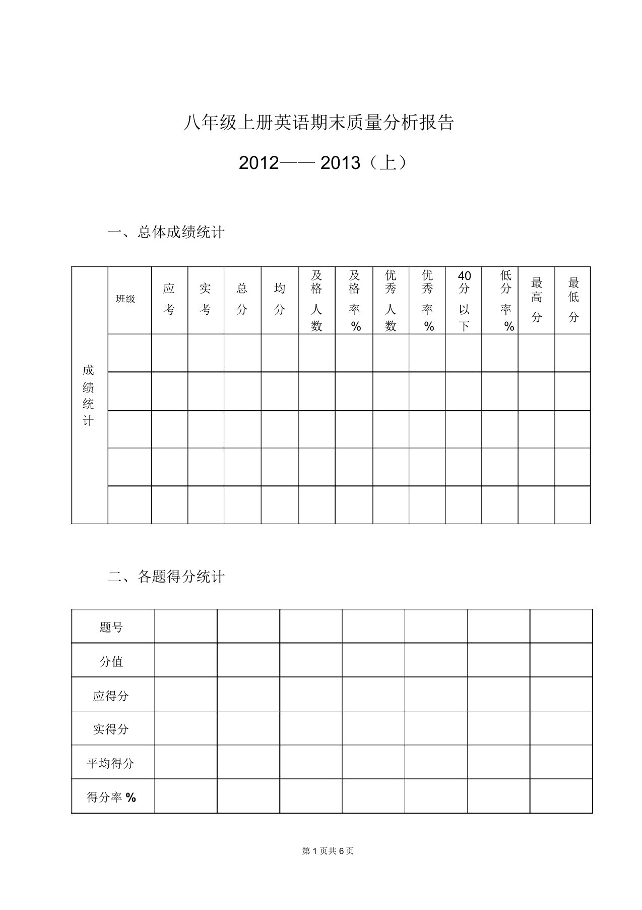 八年级上册英语期末质量分析报告