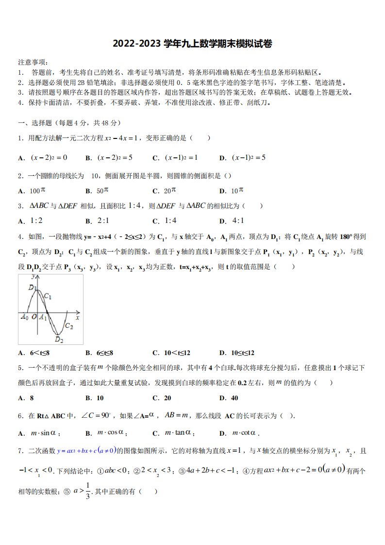 2023届浙江省绍兴市海亮数学九年级第一学期期末质量检测模拟试题含解析