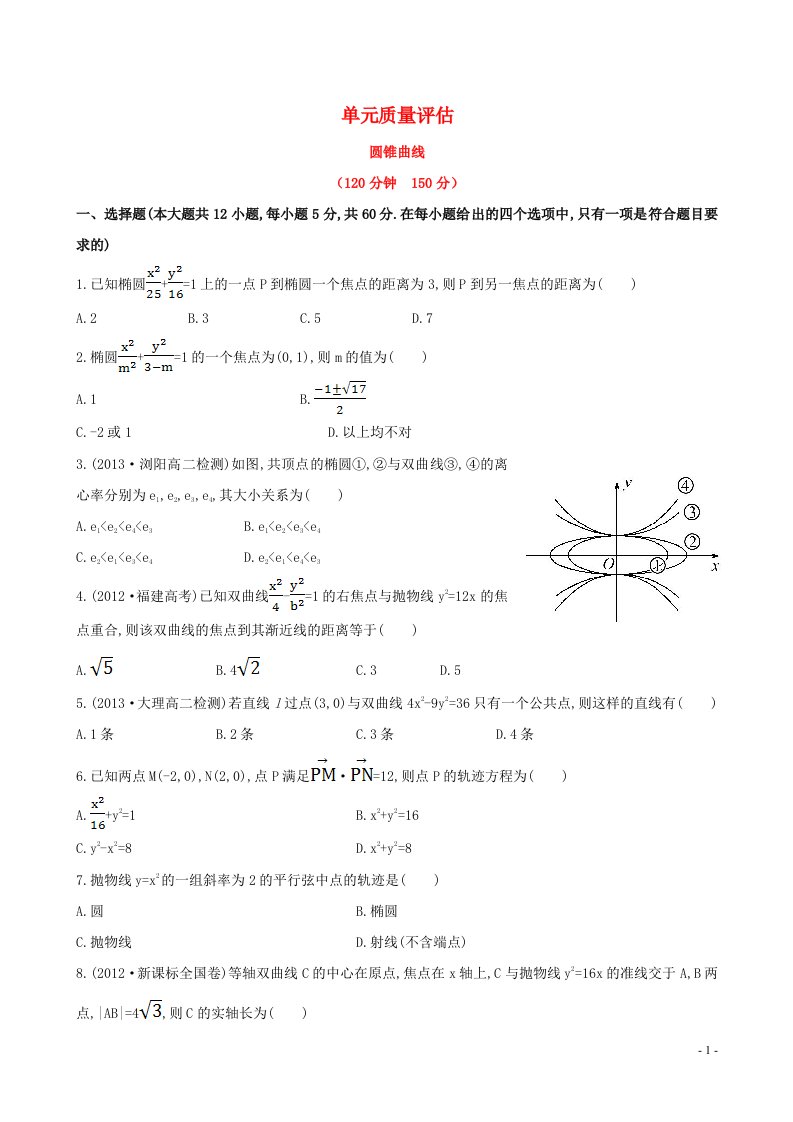 2020_2021学年新教材高考数学圆锥曲线单元质量评估1选择性必修第一册