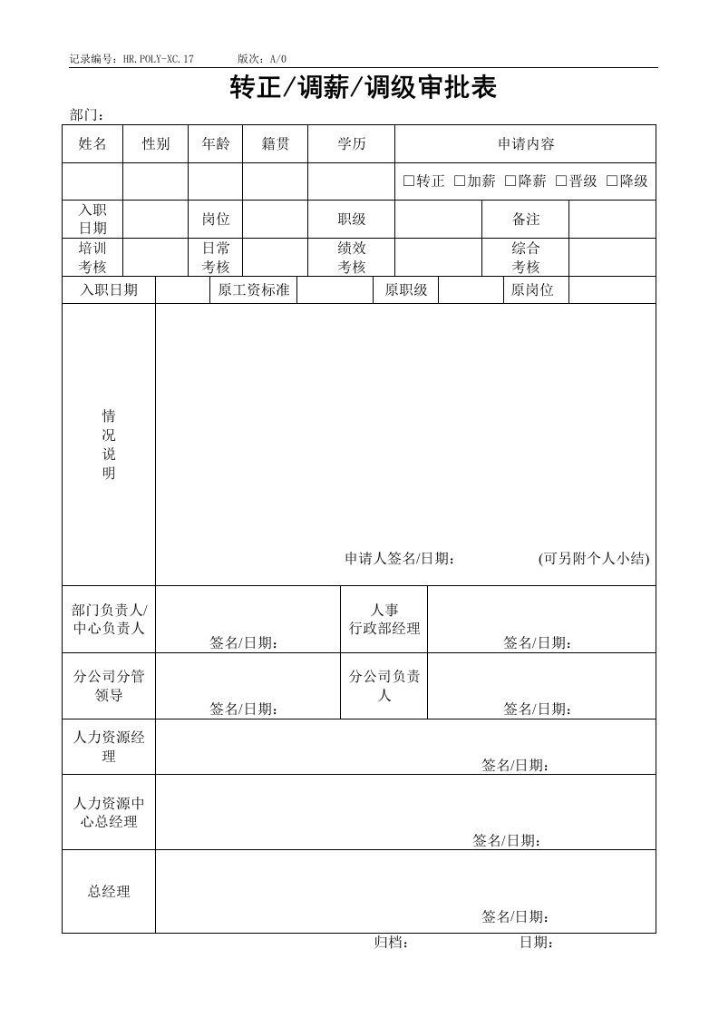 转正调薪调级审批表