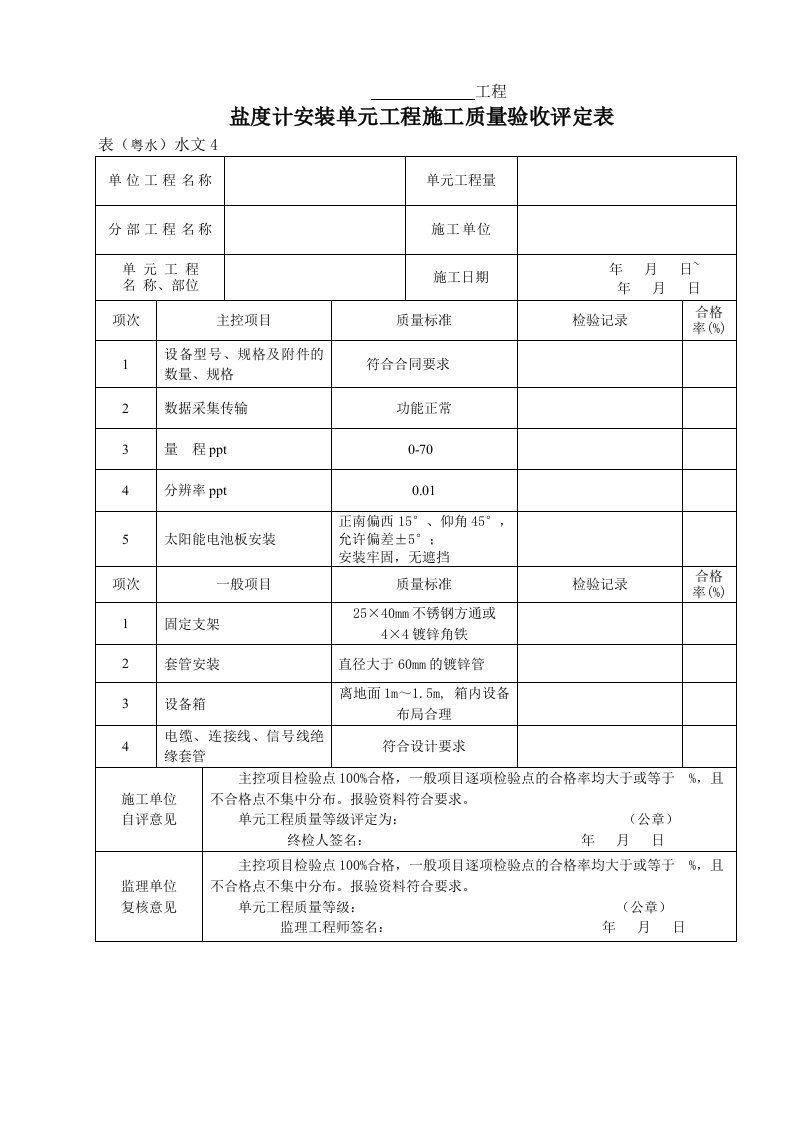 建筑资料-表粤水水文4盐度计单元工程施工质量验收评定表