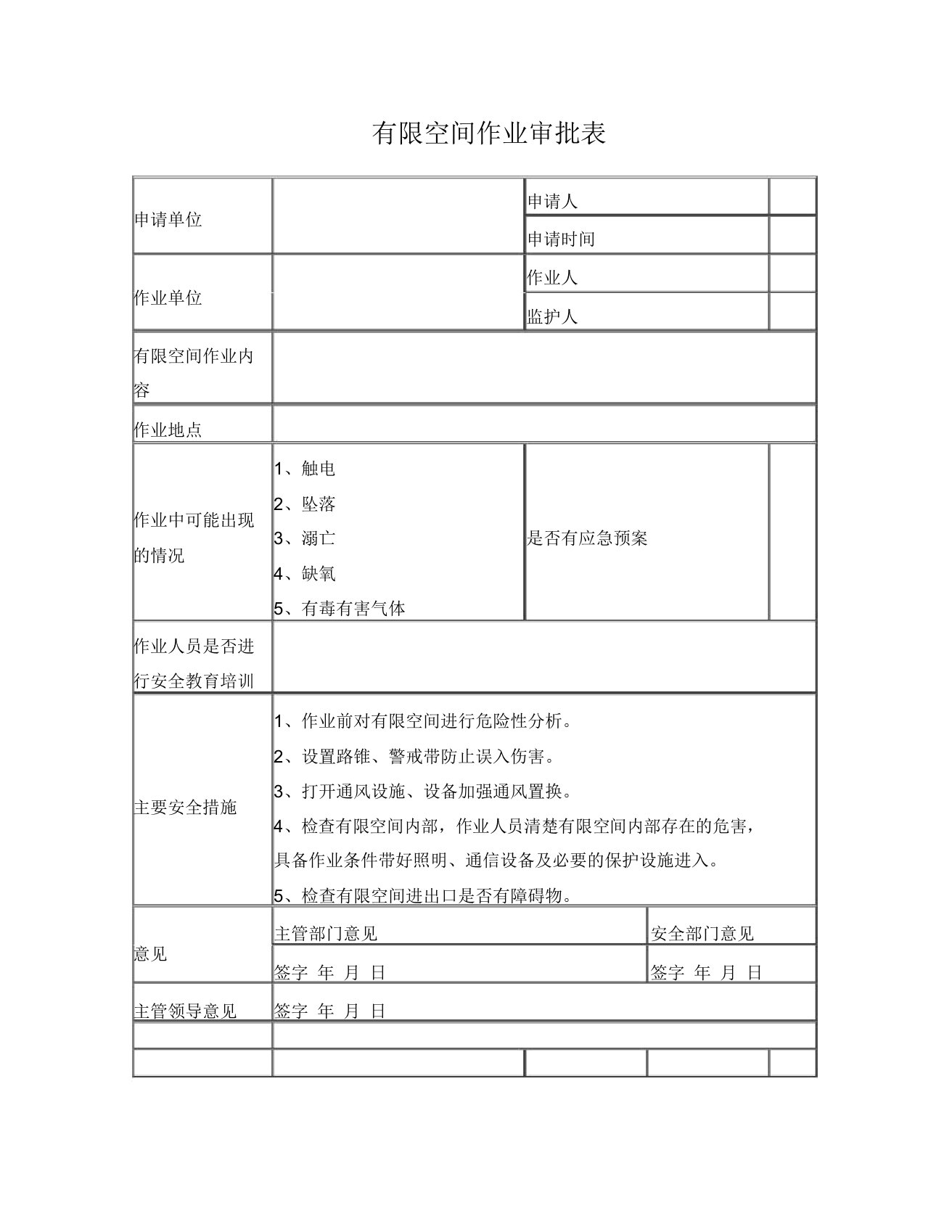 有限空间作业审批表