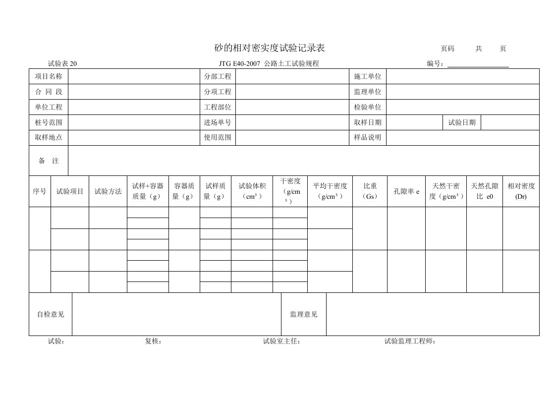 试验表20砂的相对密实度试验记录表