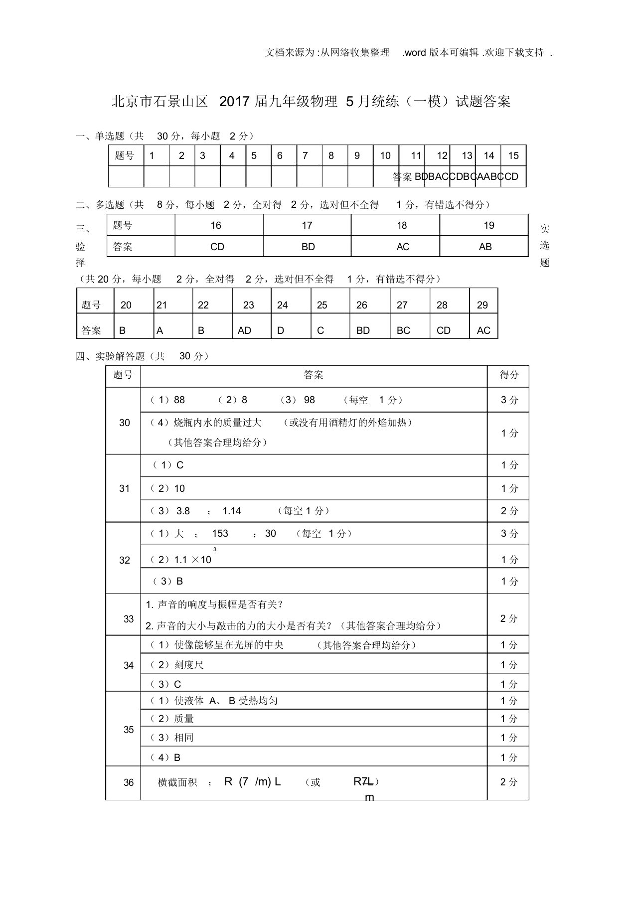 北京市石景山区2020届九年级物理统练一模试题答案