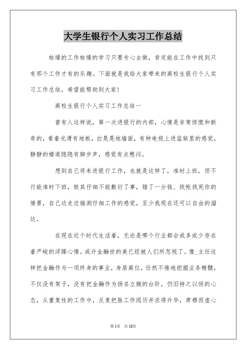 大学生银行个人实习工作总结