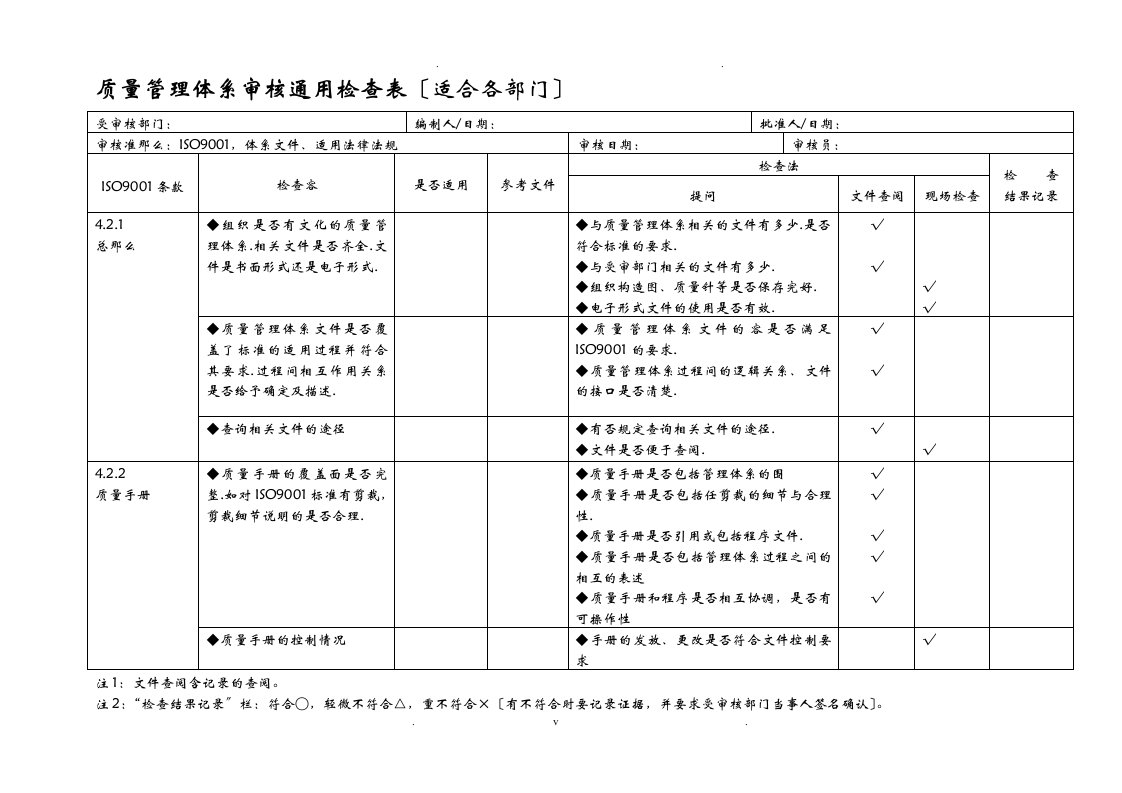 iso9001质量管理体系审核通用检查表适合各部门