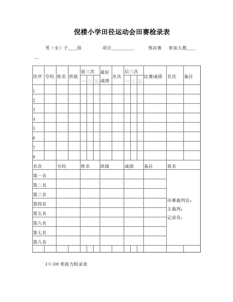 倪楼小学田径运动会各种记录表格