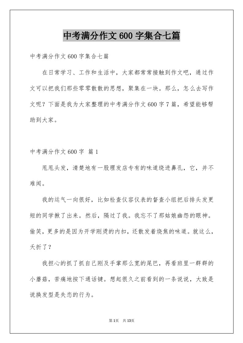 中考满分作文600字集合七篇例文