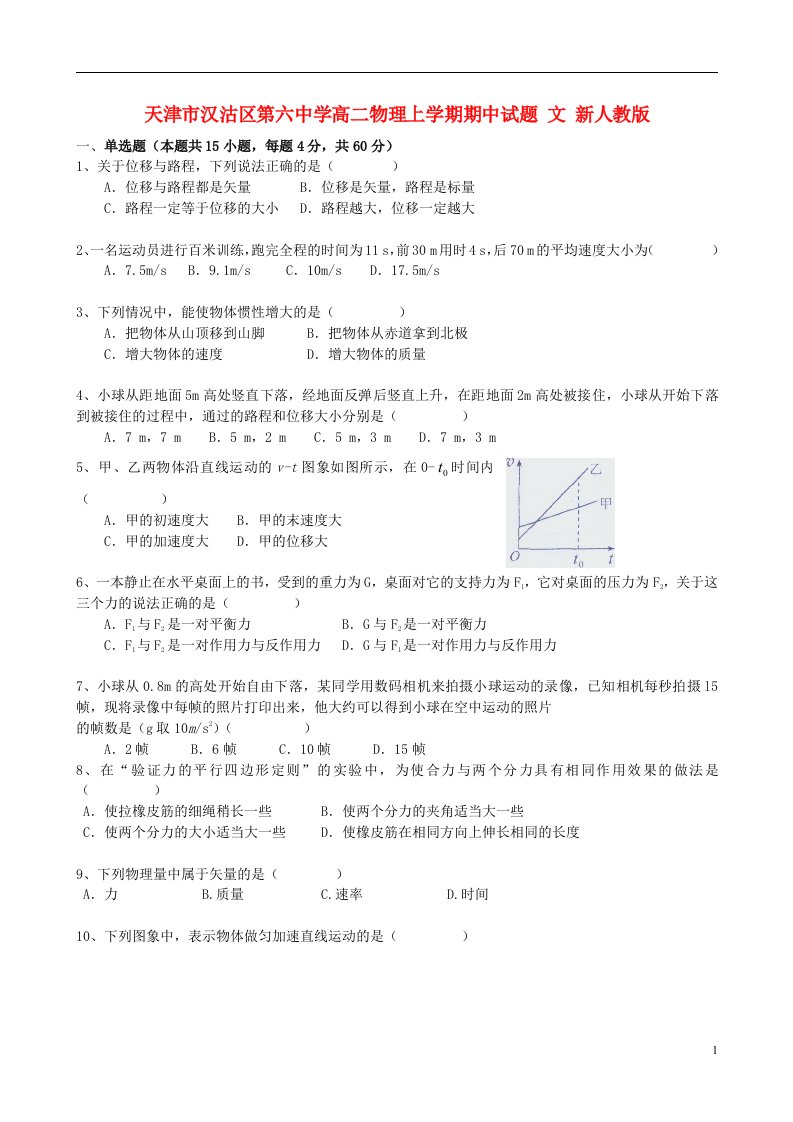 天津市汉沽区第六中学高二物理上学期期中试题