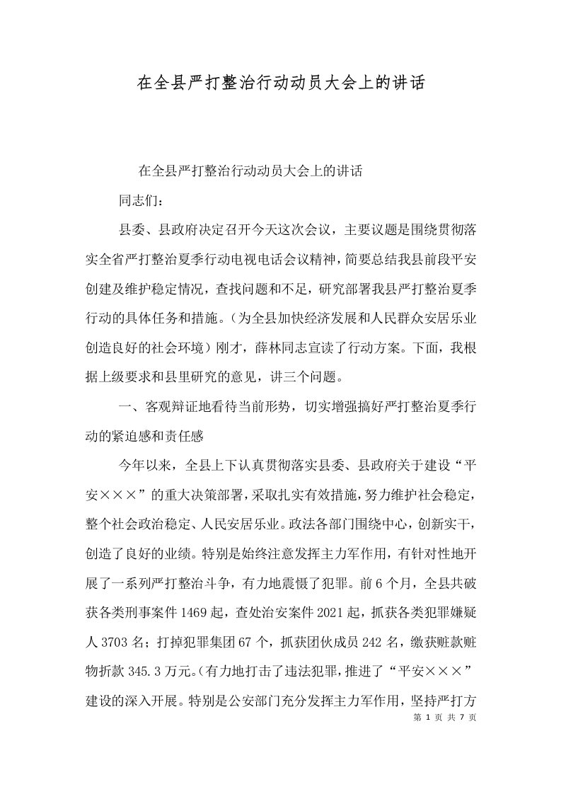 在全县严打整治行动动员大会上的讲话七