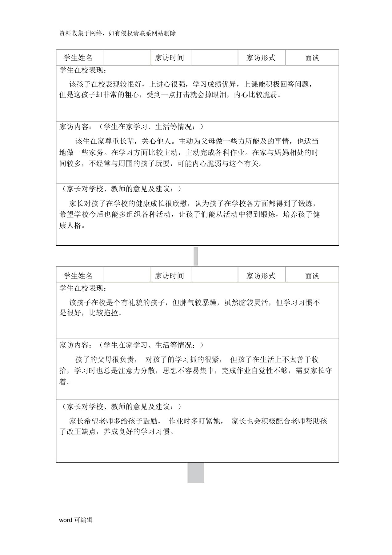 小学教师家访记录表教学内容