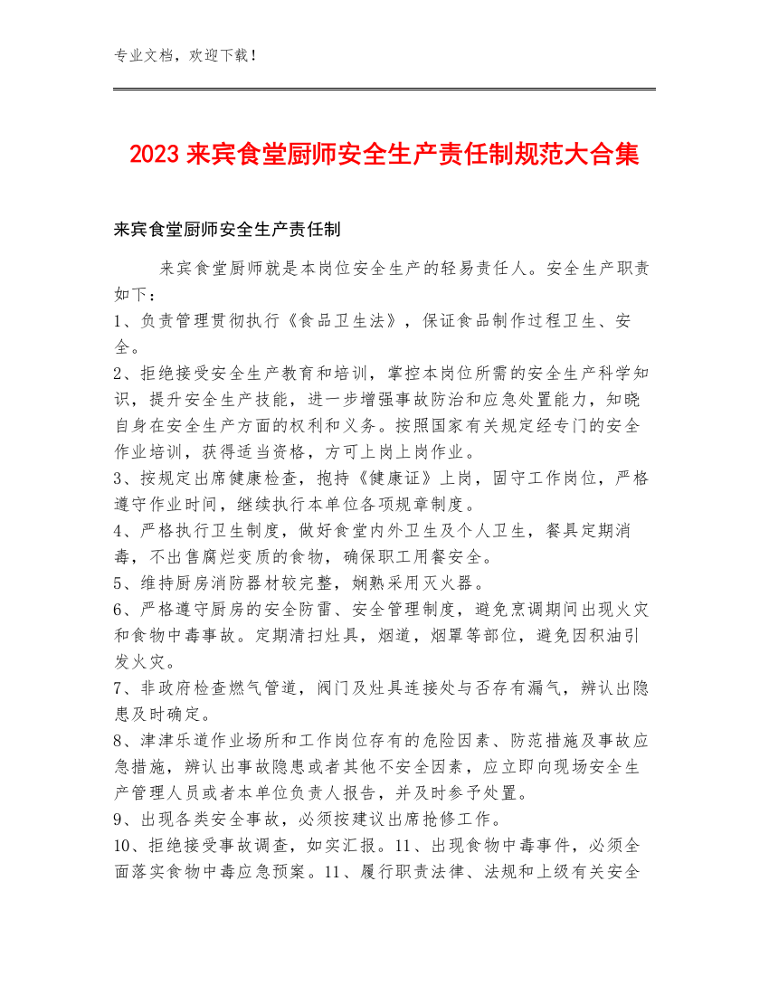 2023来宾食堂厨师安全生产责任制规范大合集