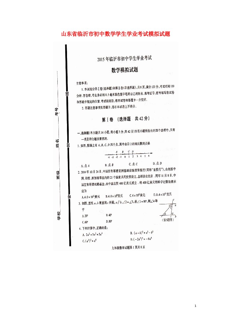 山东省临沂市初中数学学生学业考试模拟试题（扫描版）