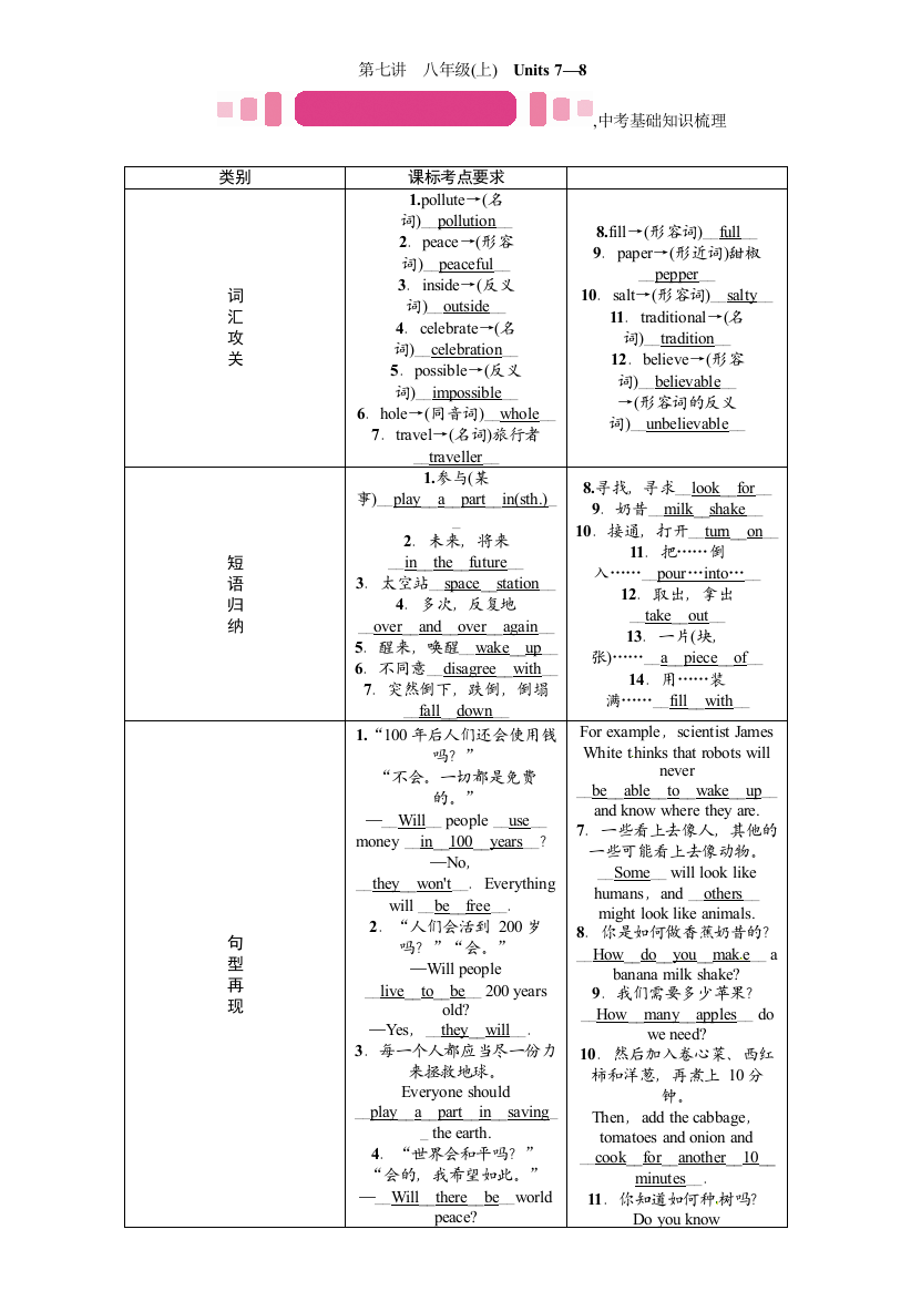 【小学中学教育精选】第七讲　八年级(上)　Units