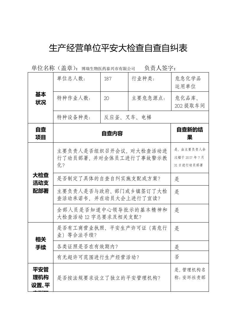 全国安全生产大检自查自纠表