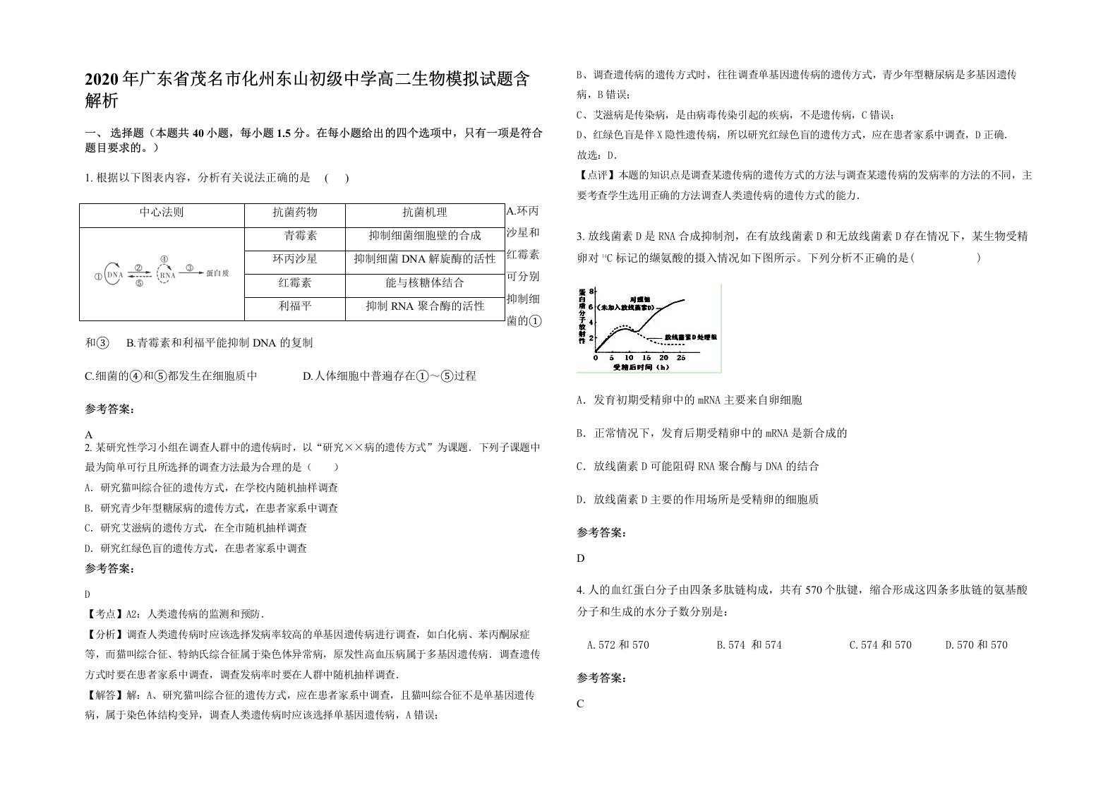 2020年广东省茂名市化州东山初级中学高二生物模拟试题含解析