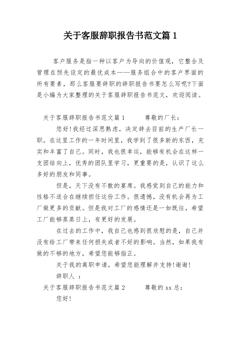 关于客服辞职报告书范文篇1