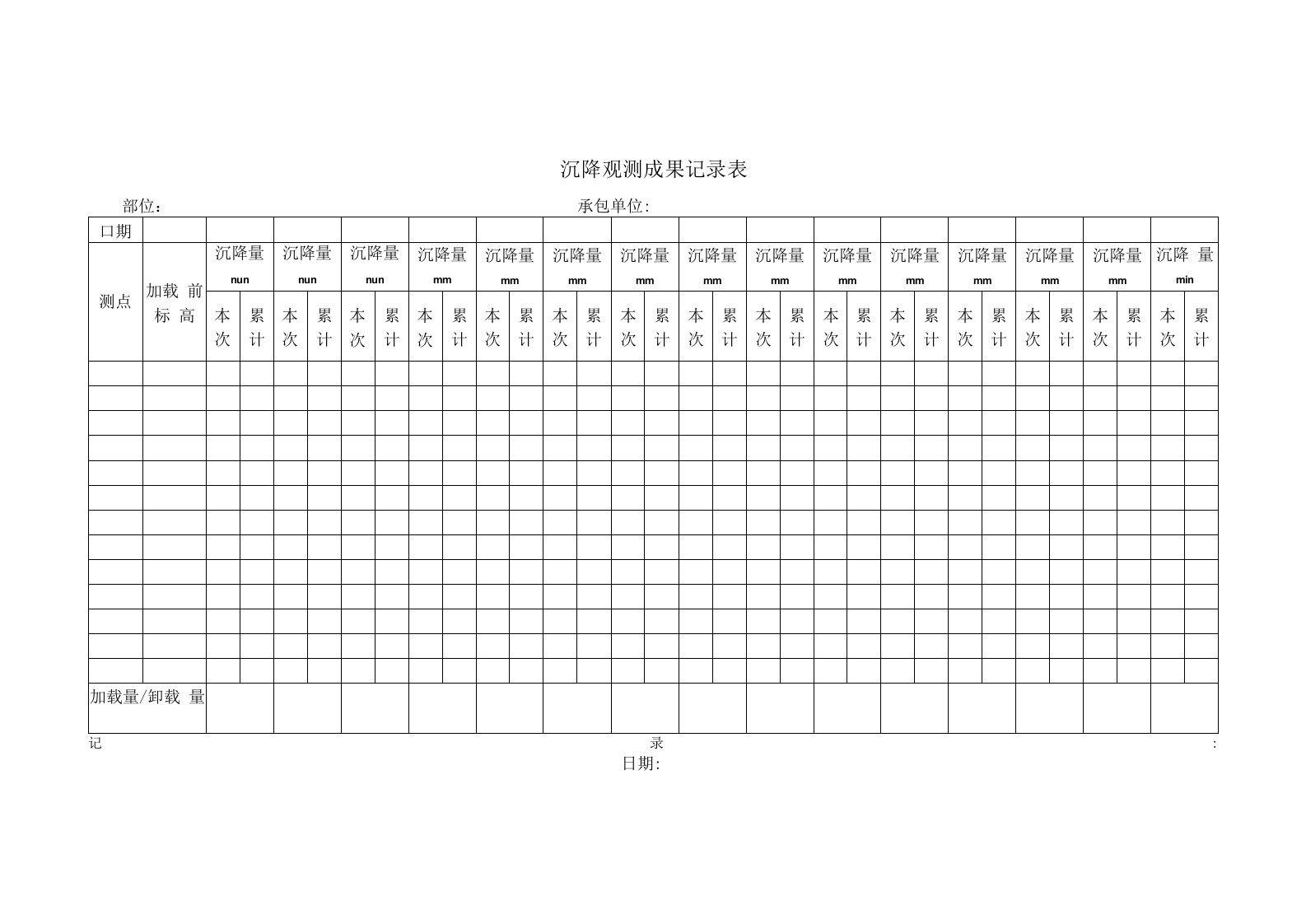 沉降观测成果记录表