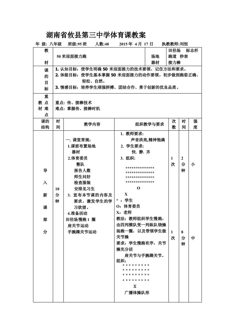 50米迎面接力跑教案