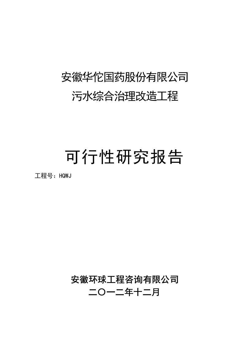 安徽华佗国药股份有限公司污水综合治理改造工程项目可行性研究报告