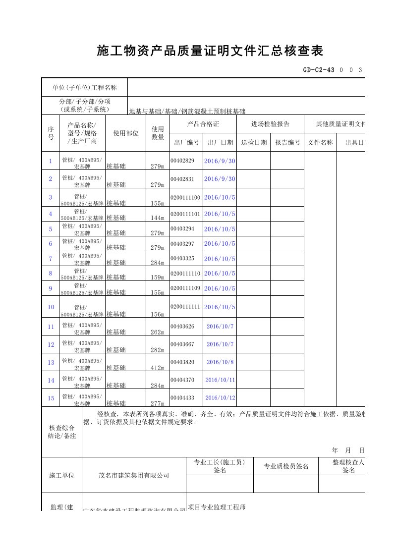 GD-C2-43-施工物资产品质量证明文件汇总核查表