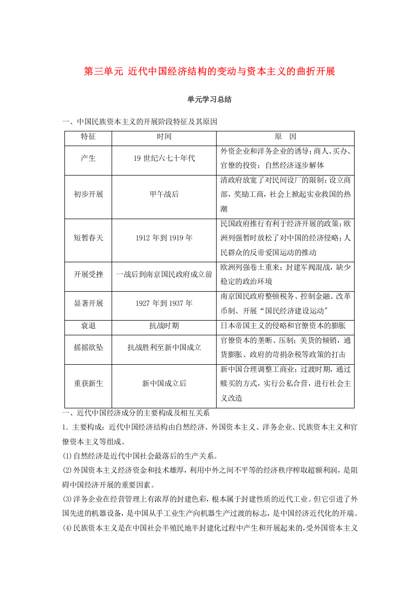 学年高中历史第三单元近代中国经济结构的变动与资本主义的曲折发展单元学习总结学案新人教版必修