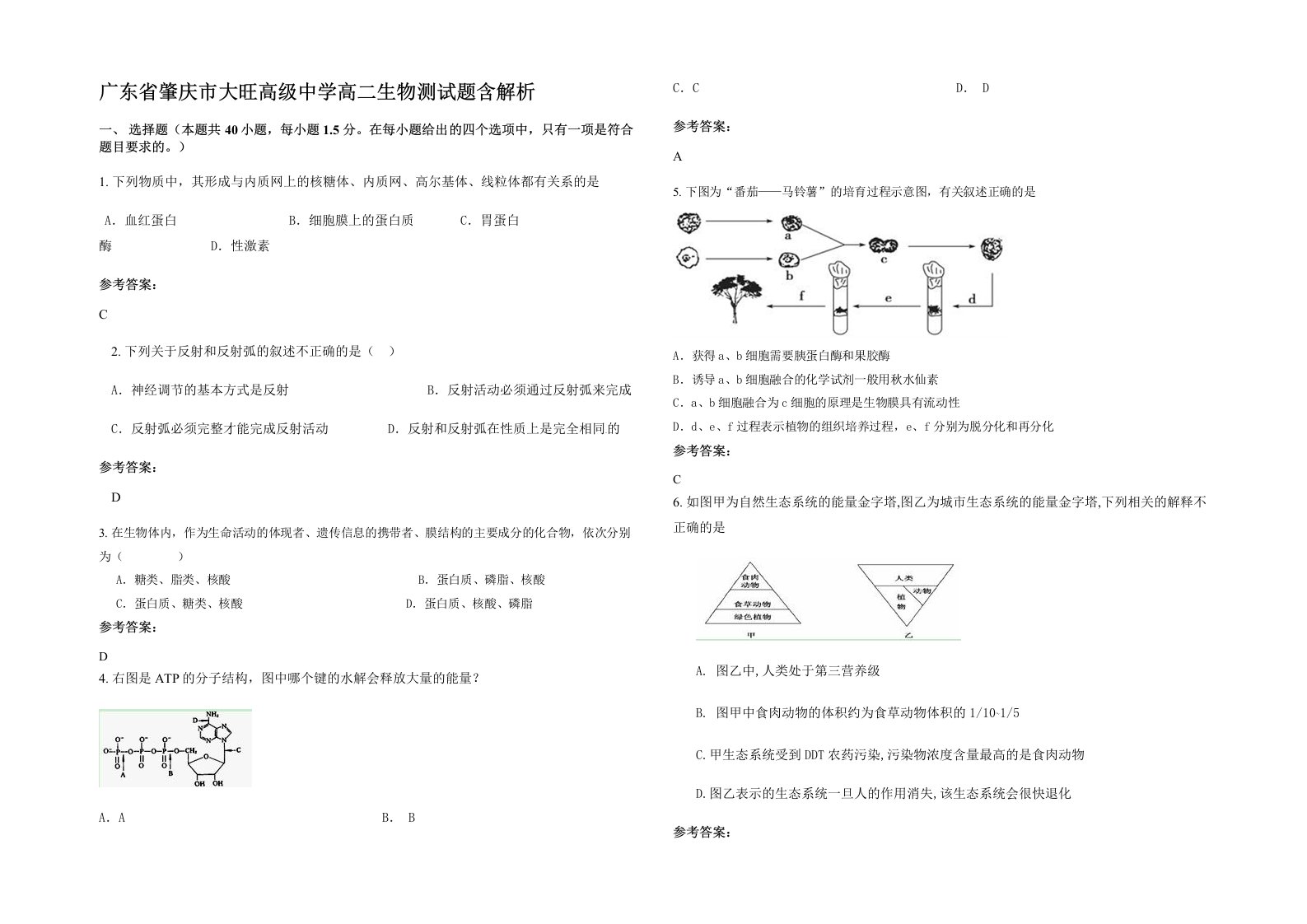 广东省肇庆市大旺高级中学高二生物测试题含解析