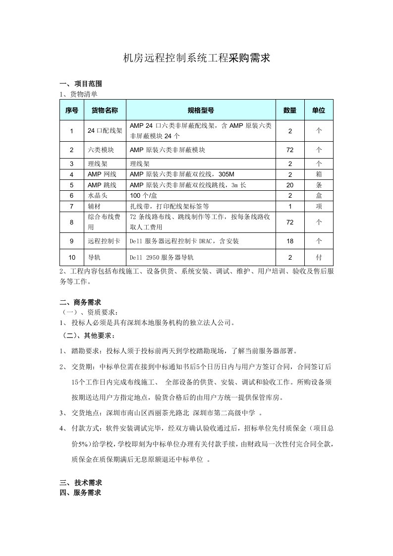 机房远程控制系统工程采购需求