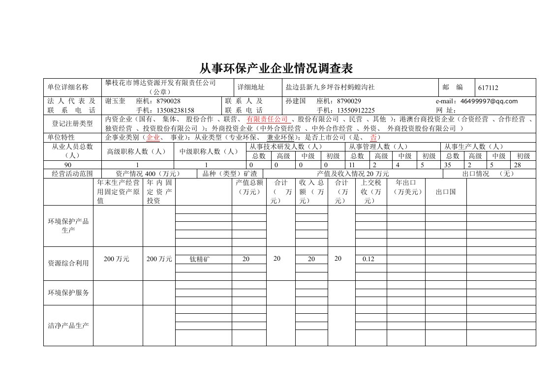 环保产业调查表