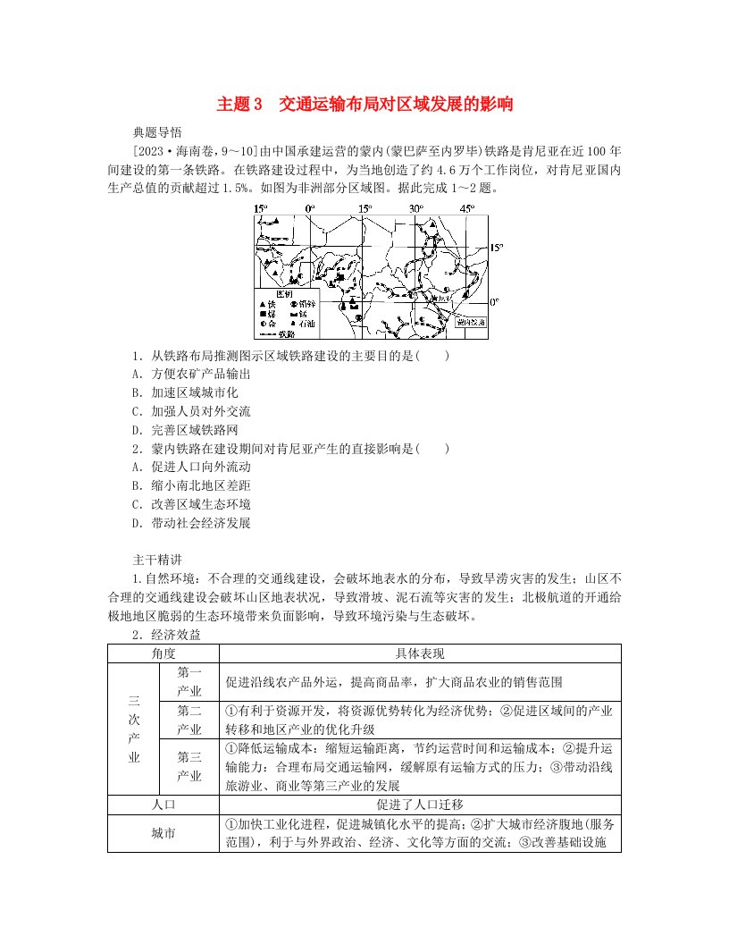 新教材2024高考地理二轮专题复习第一部分大概念单元主题突破大单元九服务业与交通运输主题3交通运输布局对区域发展的影响教师用书